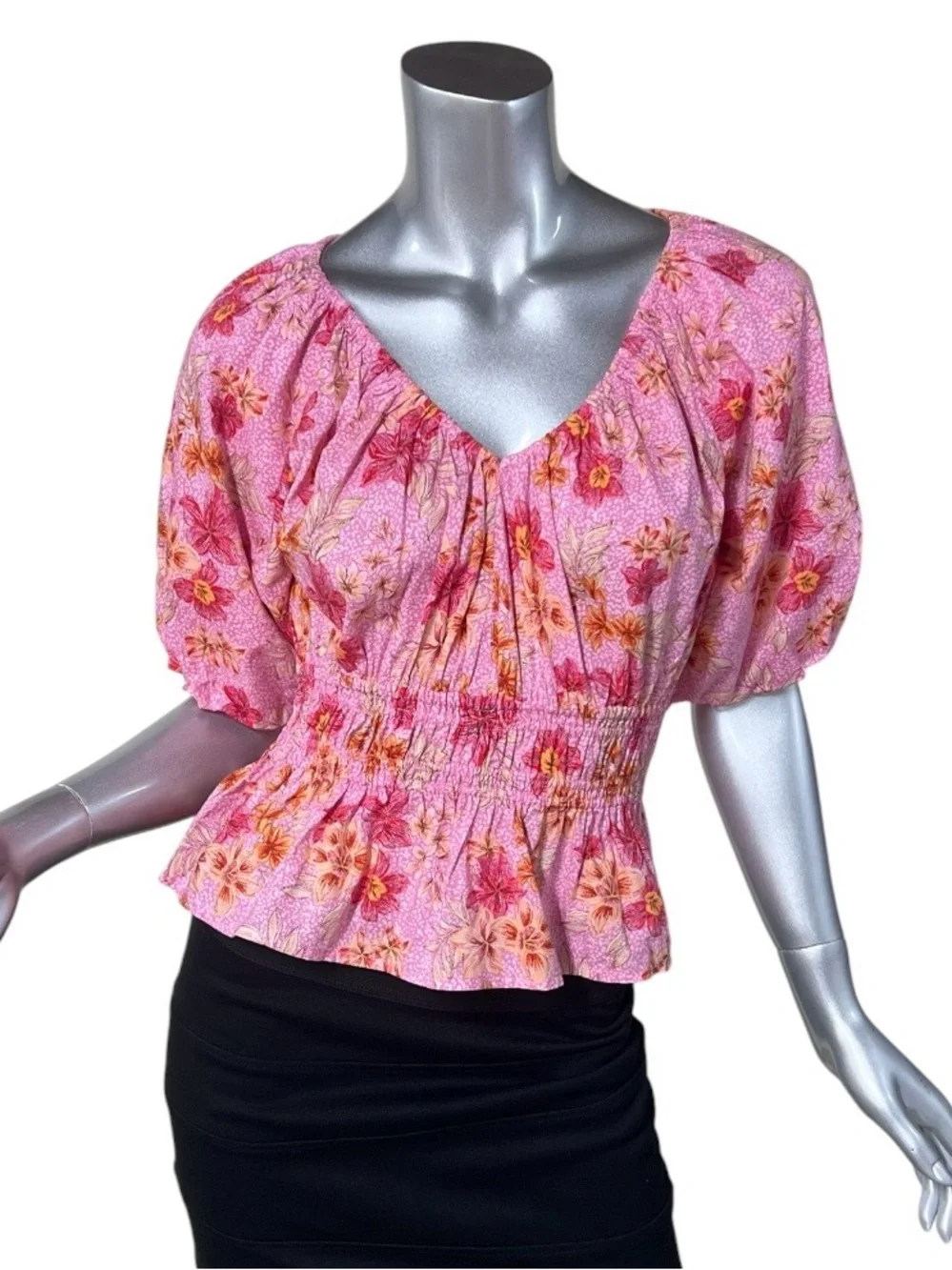 LOFT Pink Floral Puff Sleeve V Neck Blouse Smocked Waist Feminine SMALL PETITE
